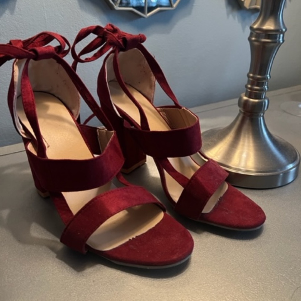 Custom Size 8 EU 39 Wine Suede Caged Tie Ankle Block Heels Sandals Dress Shoes